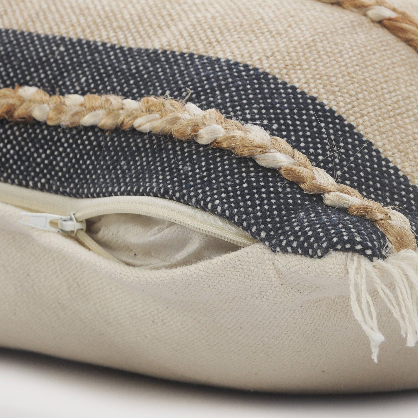 Atlantis Denim Blue and Taupe Throw Pillow with Jute