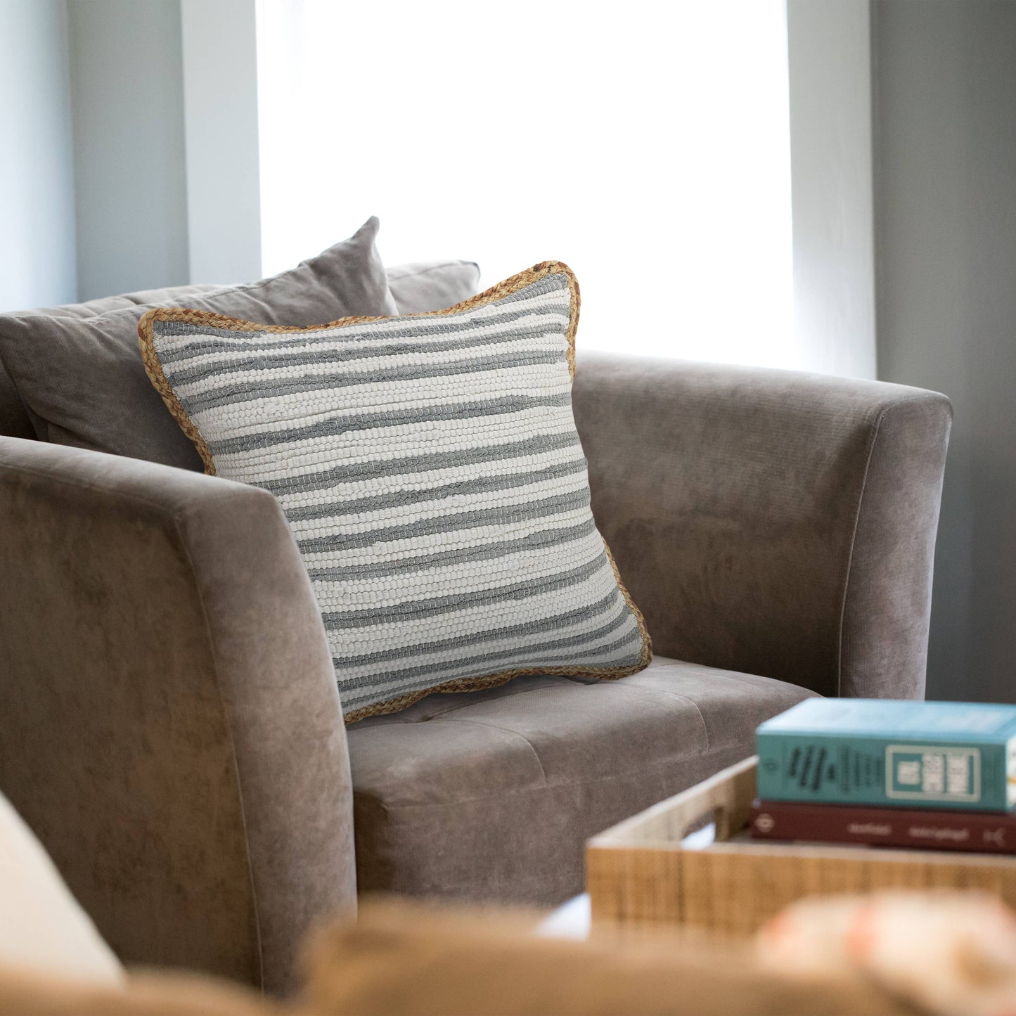 Riley Gray Striped Cotton Blend Throw Pillow