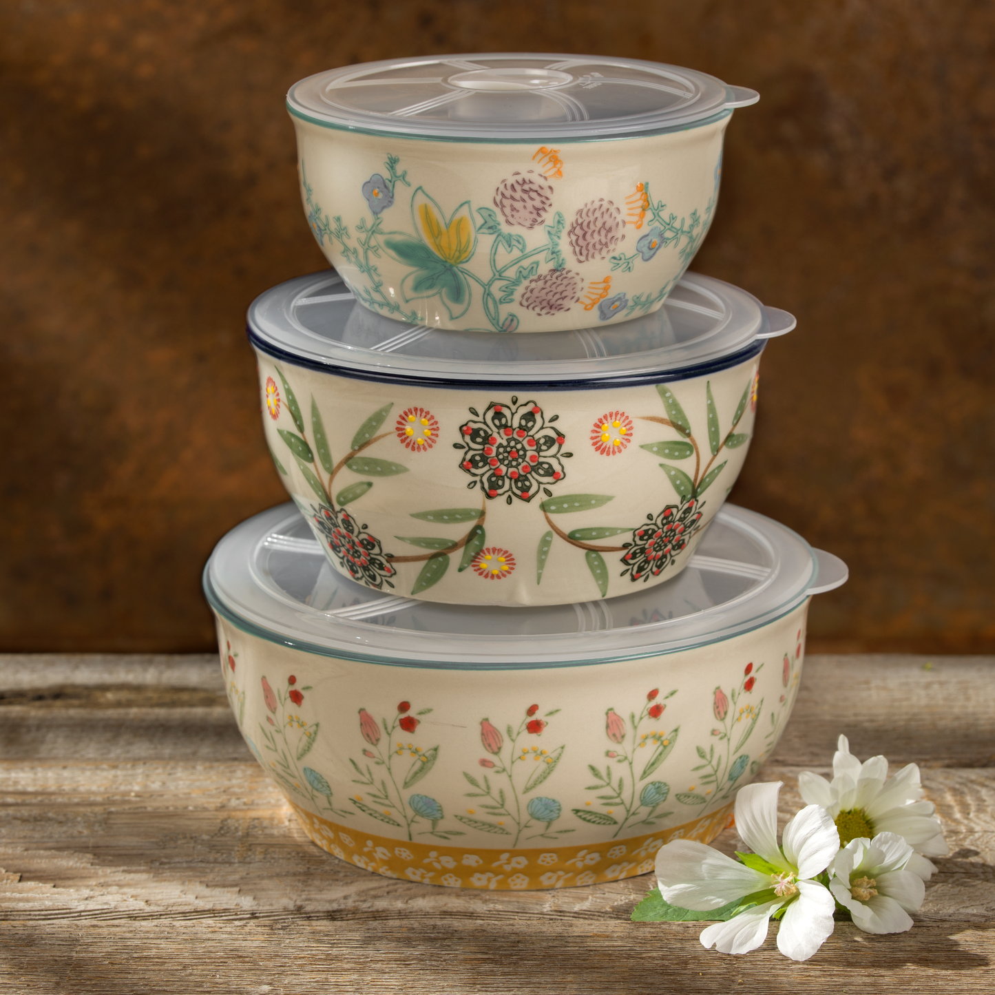 Ella Hand Painted Storage Bowls with Airtight Lids (Set of 3)