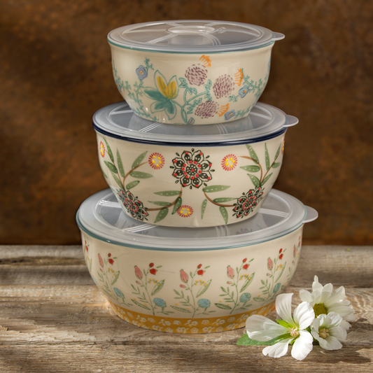 Ella Hand Painted Storage Bowls with Airtight Lids (Set of 3)