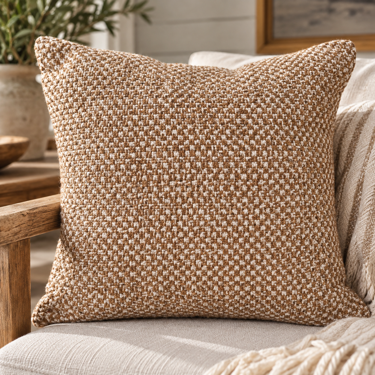 Camel & Cream Textured Woven Pillow – 20" x 20"