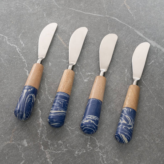 Blue Stone & Wood Spreaders, Set of 4