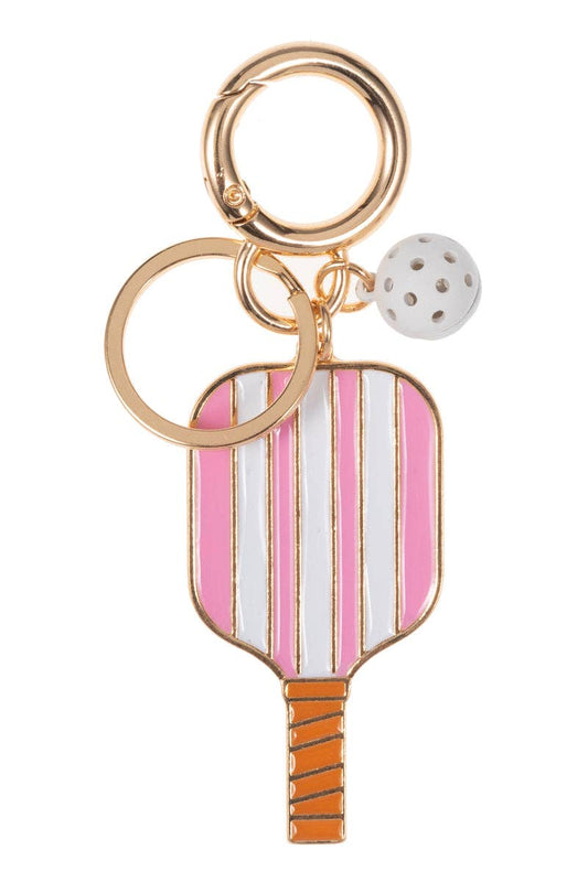 Pickleball Shaped Keychain (Pink and White Stripe)