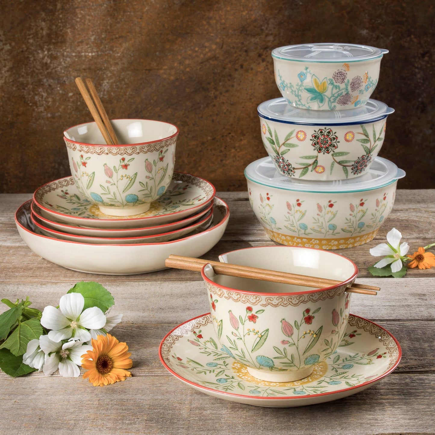 Ella Hand Painted Storage Bowls with Airtight Lids (Set of 3)