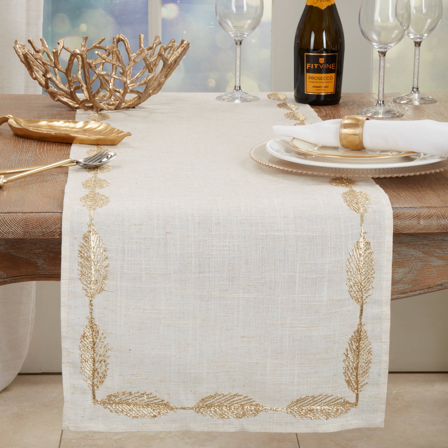 Intricate Leaf Pattern Embroidered Table Runner
