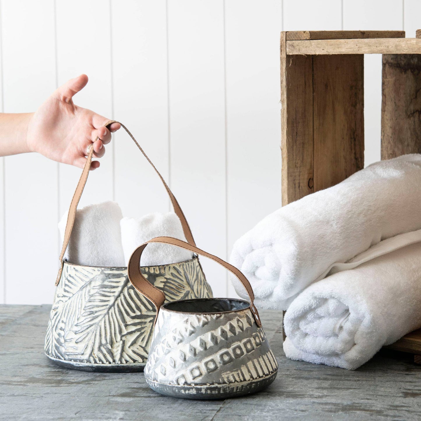 Langford Rustic Metal Storage Basket with Leather Handle