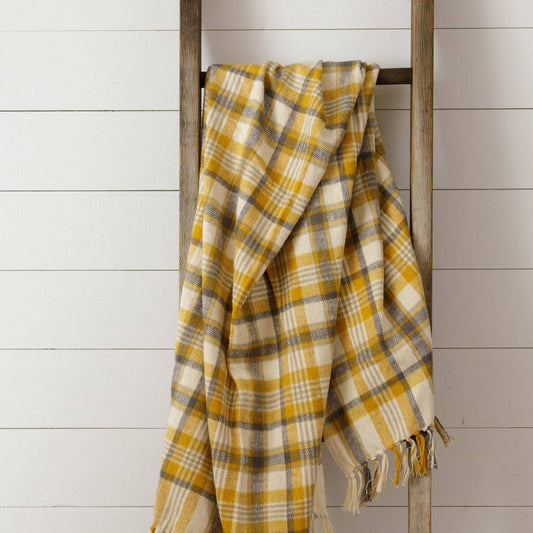 Brushed Cotton Flannel Throw - Mustard, Warm Gray