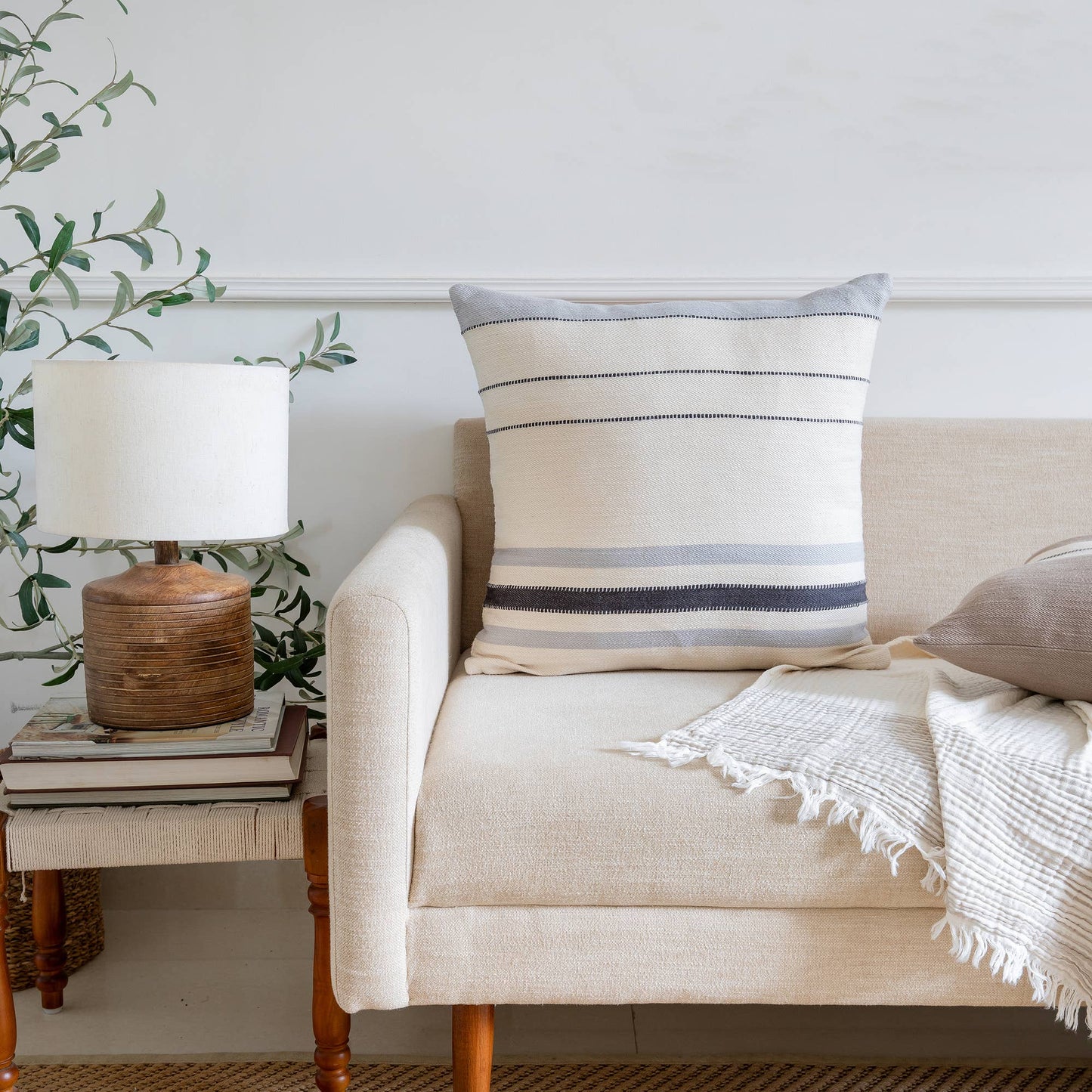 Transitional Hand-Woven Modern Striped Cotton Throw Pillow