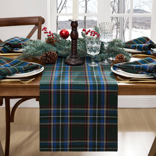 Stowe Tartan Holiday Plaid Cotton Christmas Table Runner 13 x 90 (Blue and Green)