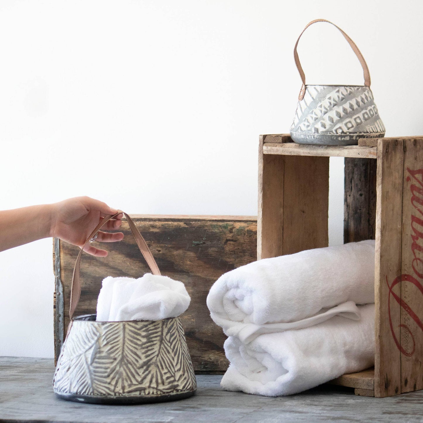 Langford Rustic Metal Storage Basket with Leather Handle