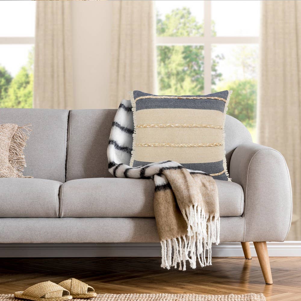 Atlantis Denim Blue and Taupe Throw Pillow with Jute