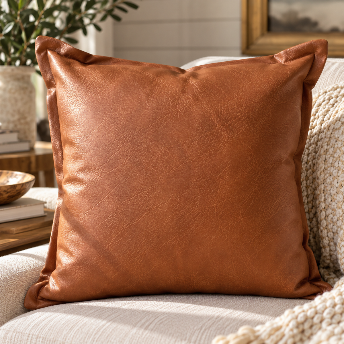 Caramel Leather Throw Pillow – 20" x 20"