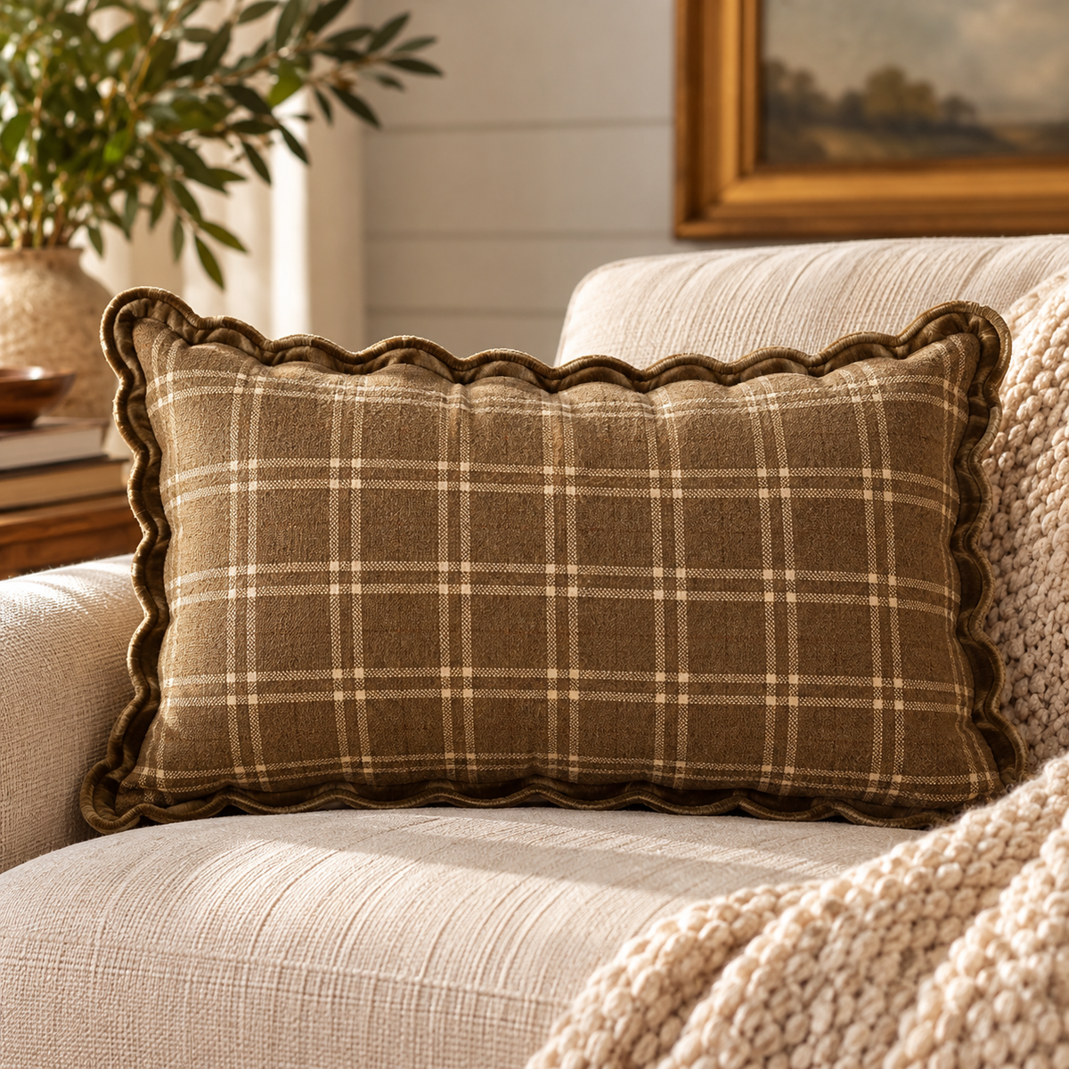 Plaid Scalloped Lumbar Pillow – 14" x 24"