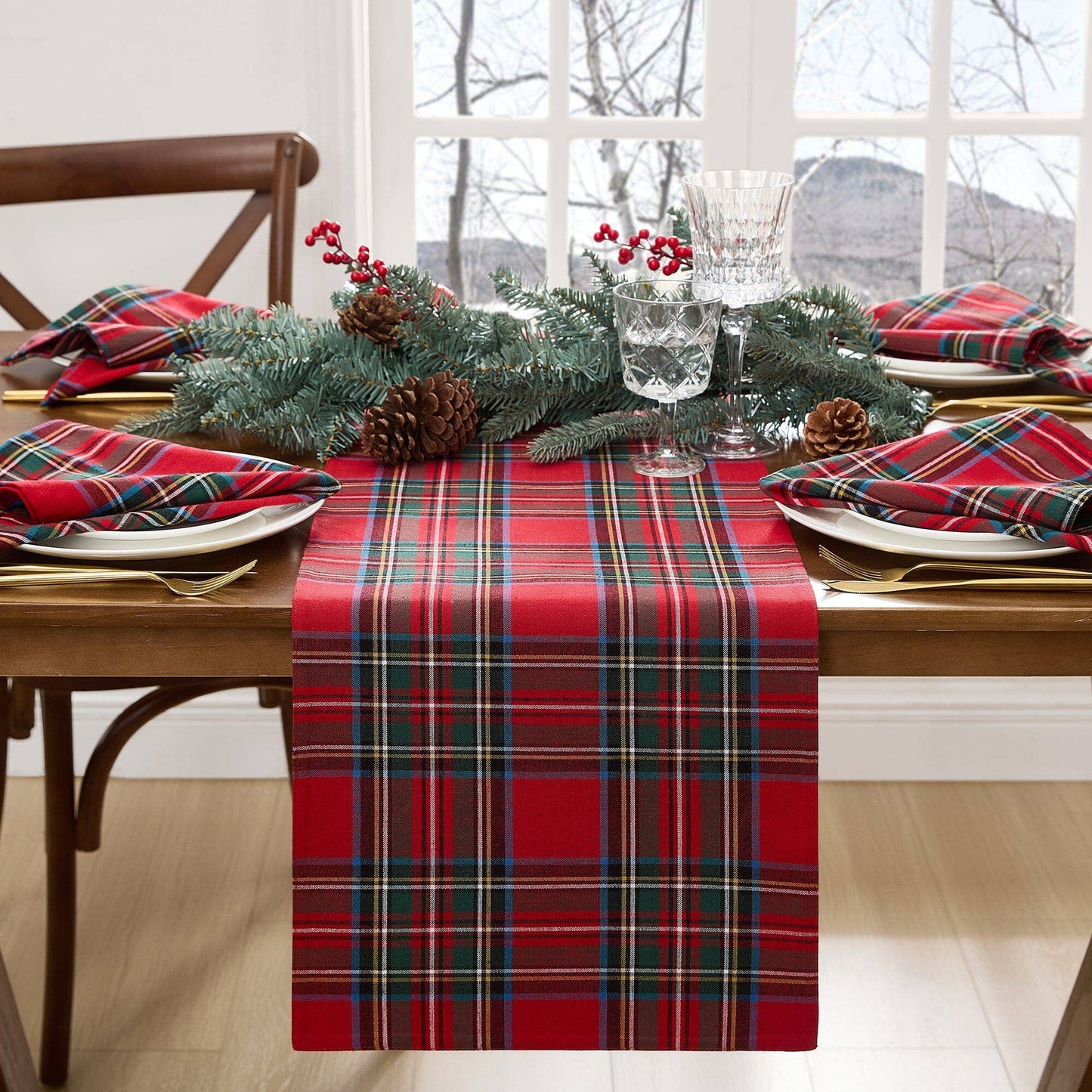 Stowe Tartan Holiday Plaid Cotton Christmas Table Runner 13 x 90 (Red)