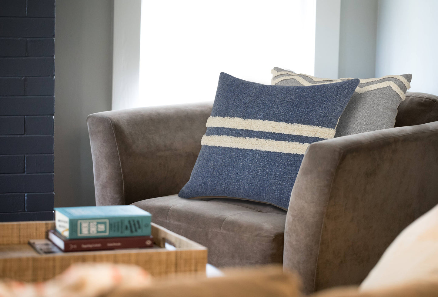 Seashore Dusty Blue Striped Cotton Throw Pillow