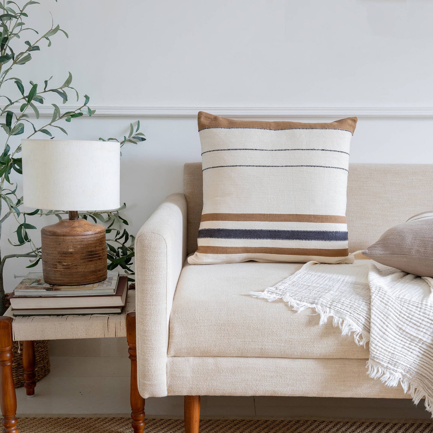 Transitional Hand-Woven Modern Striped Cotton Throw Pillow