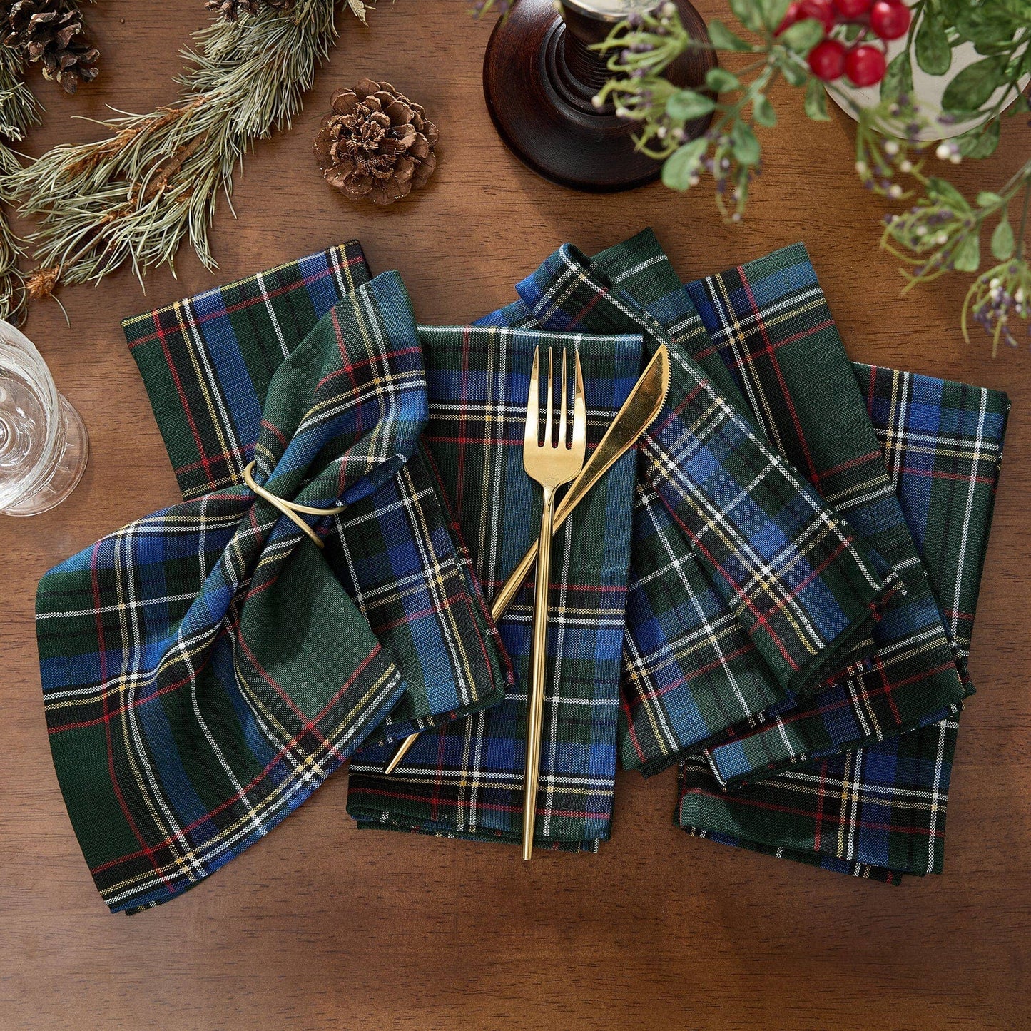 Stowe Tartan Holiday Plaid Cotton Napkins, Set of 8 - 17x17 (Blue and Green)