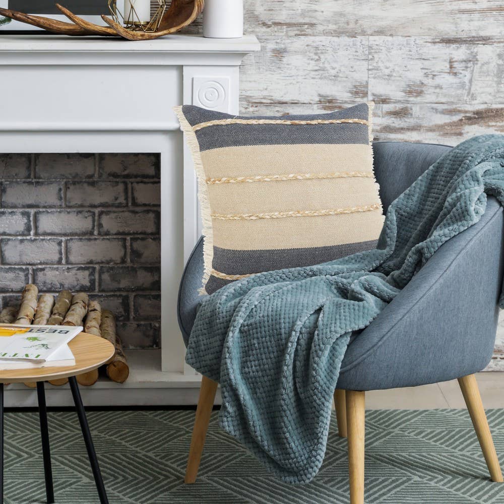 Atlantis Denim Blue and Taupe Throw Pillow with Jute